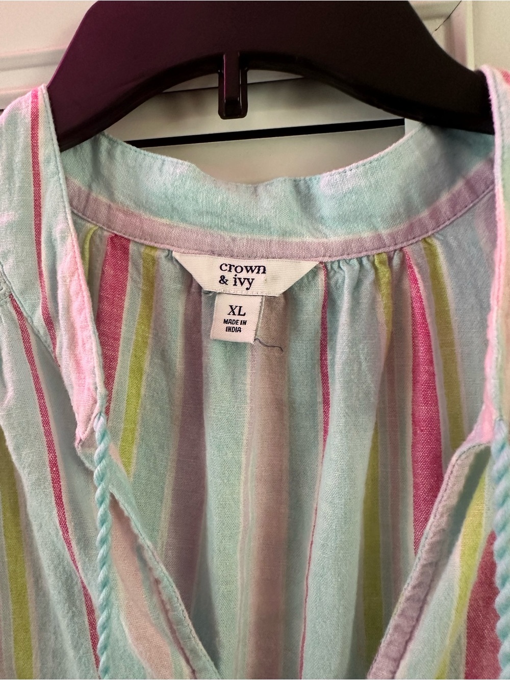 Crown & Ivy Striped Pastel Tassel V-Neck Top Size XL - Picture 3 of 5